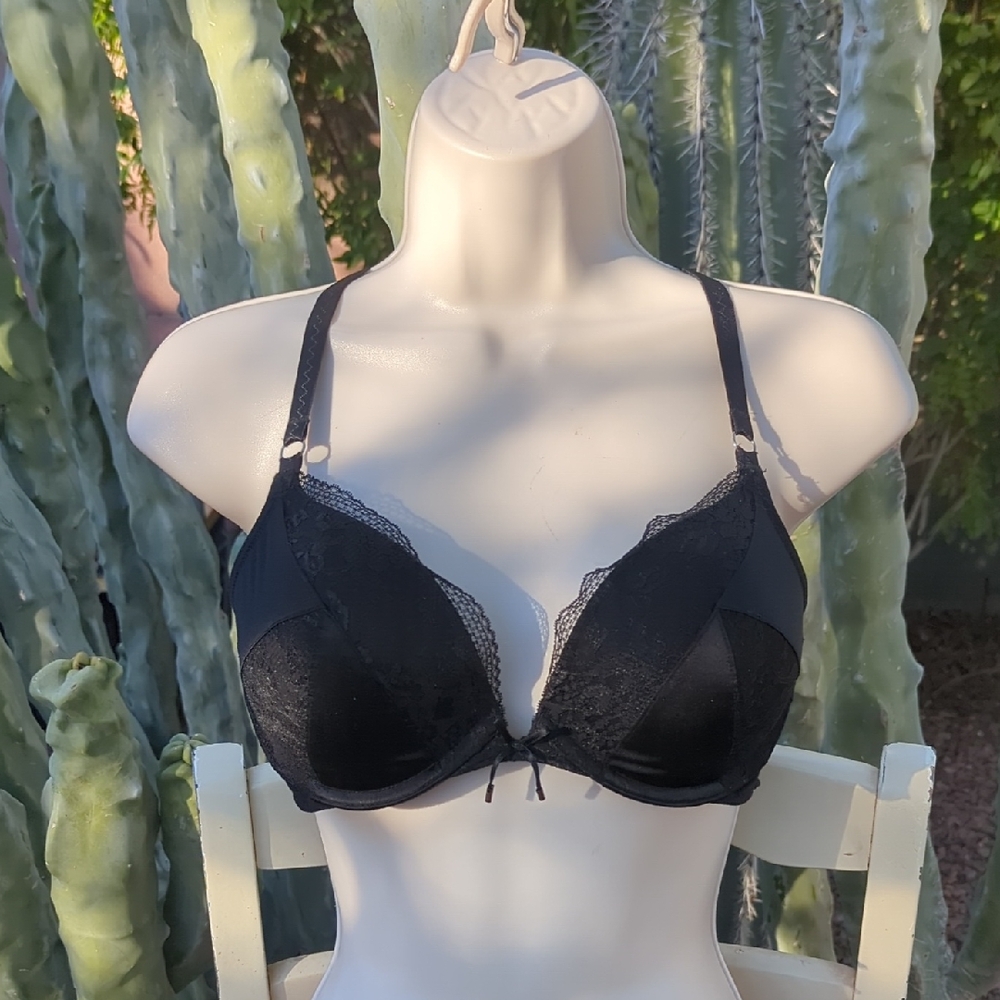 Victoria's Secret Black Satin Scalloped Lace Strappy Double Band Push Up Bra 34C